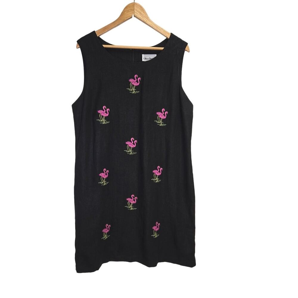 Ultra Dress Midi Linen Embroidered Flamingo's Black Dress Size 16"